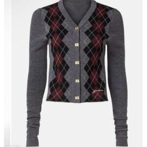 Ganni Gray Argyle Button down Crew Cardigan